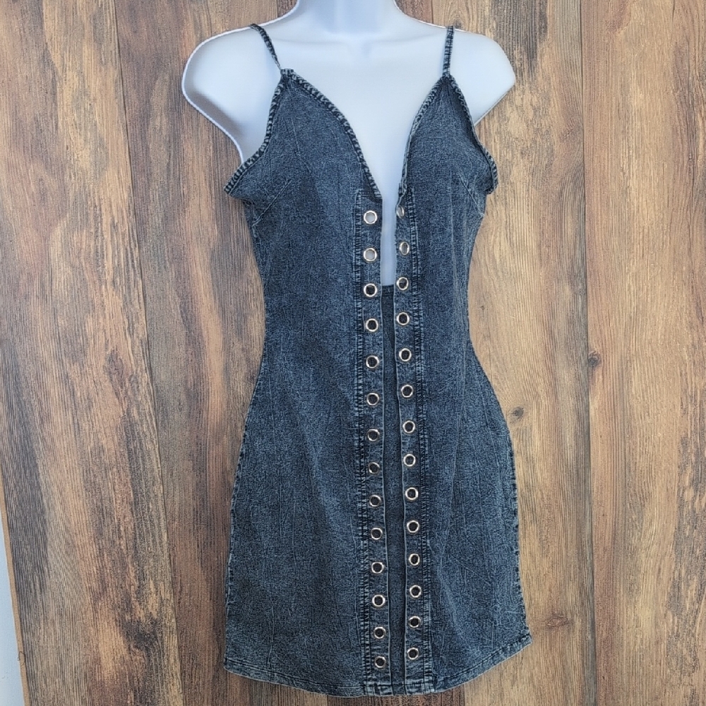 Chic Gray Bodycon Mini Plunge Neckline Denim Style Dress M